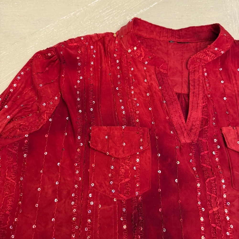 Red 3/4 Sleeve Blouse with Mandarin Collar Sequins Holiday - Picture 4 of 9